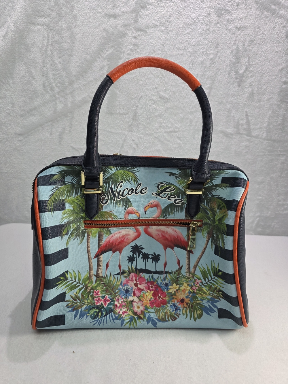 Nicole Lee Teal Tropical Flamingo Dome Satchel Bag with Orange Trim - Picture 2 of 7